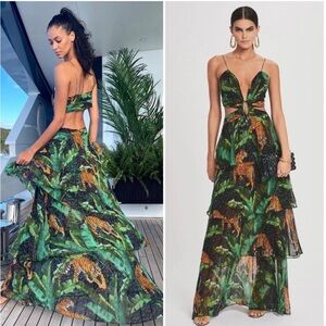 Retrofete Paulina Silk Cutout Tiered Safari Print Black Maxi Dress Size XS